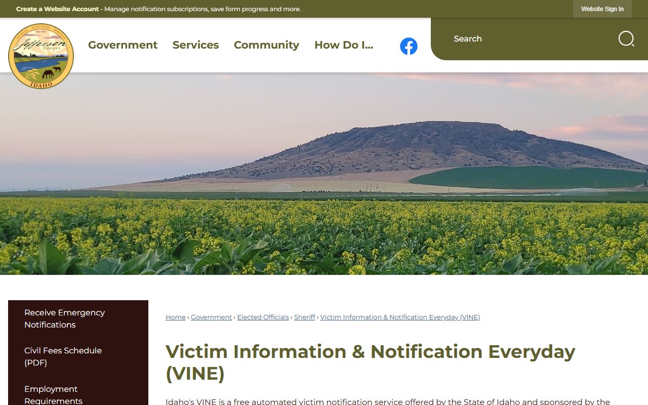 Jefferson County Idaho VINE inmate custody status record page