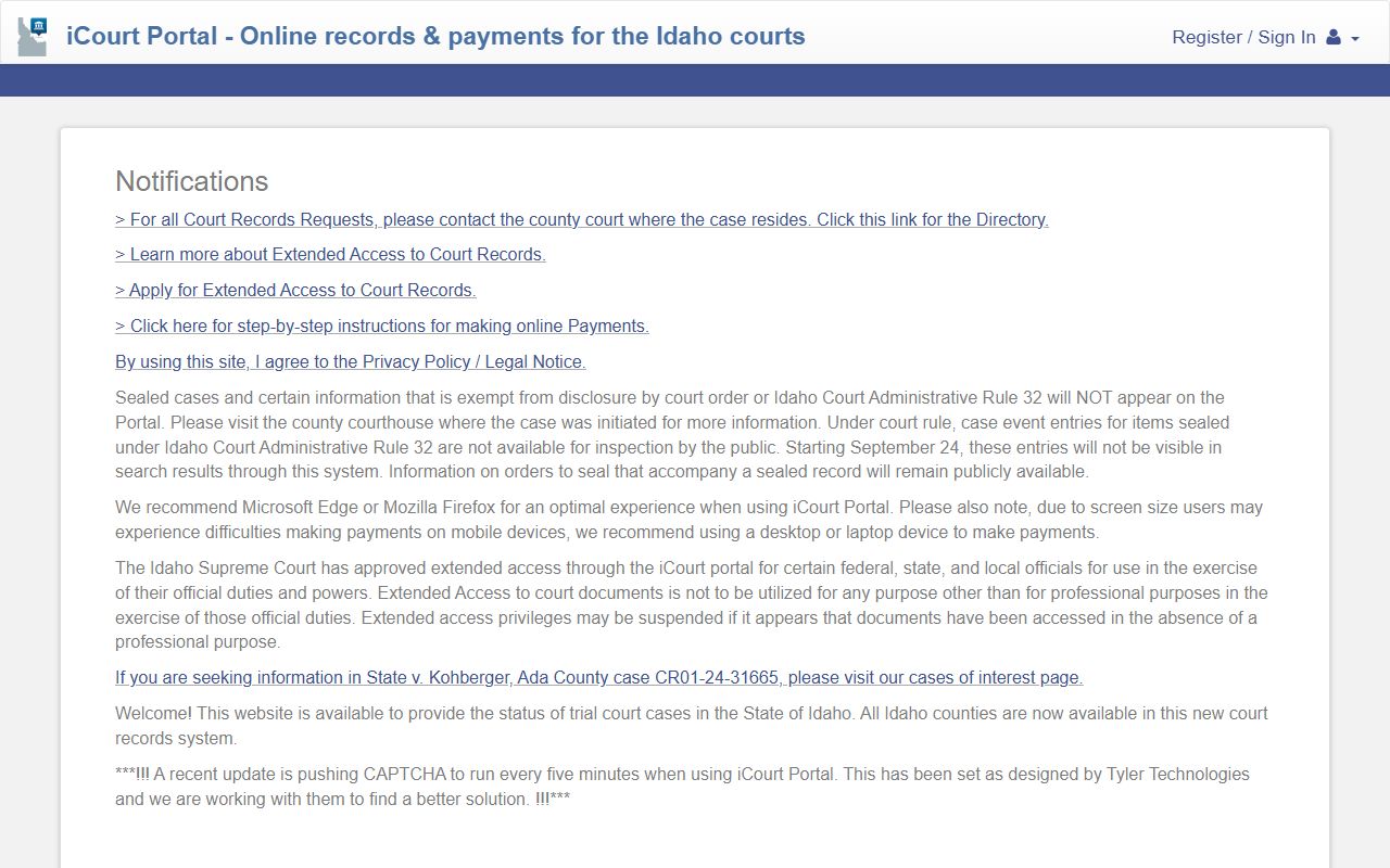 Idaho iCourt Portal for Jefferson County court records after arrest
